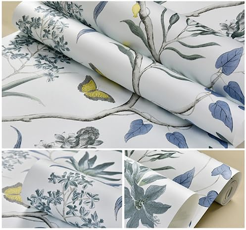 Chinoiserie Wallpaper Bedroom Wall Covering Modern Vintage Floral Wallpaper Blue Tropical Butterfly Birds Flower Wall Paper (Blue, 0.53 x9.5 m)