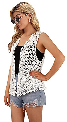 Womens Floral Crochet Lace Boho Trim Sleeveless Open Front Vest Cardigan, White, One Size