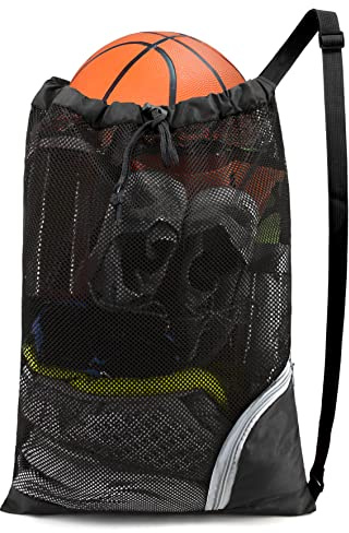 BeeGreen Mesh Drawstring Bag Swim Backpack for Beach Pool Sports Gym Draw String Cinch Bags for Swimming Soccer Basketball Gear Black