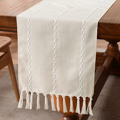 Wracra Cotton Linen Beige Table Runner, Modern Rustic Table Runners | 33 × 275 cm, Boho Table Runner, Washable, Embroidered, Heat-resistant, Thick and Sturdy, Dining Room, Home Decor