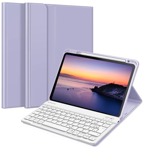 Fintie Tastatur Hülle für iPad Air 11 Zoll M2, iPad Air 6/5/4 (2024/2022/2020) 10,9 Zoll, TPU Rückschale Schutzhülle mit Stifthalter, magnetisch Abnehmbarer Keyboard (QWERTZ Layout), Violet