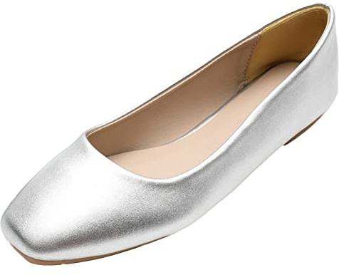ANUFER Mujeres Zapatillas de Ballet Punta Cuadrada Cuero de Microfibra Ponerse Bombas Zapatos Plata Mate SN0707127 EU38
