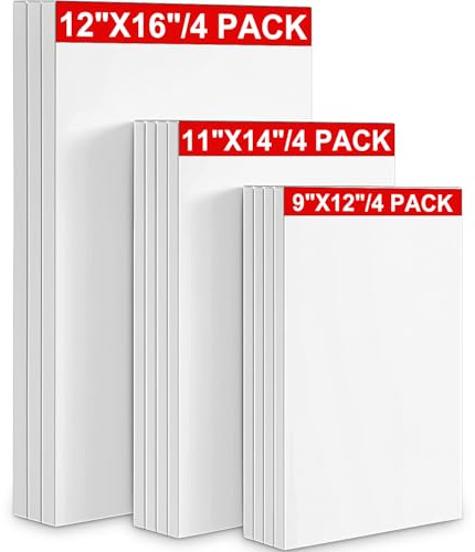 HESTYA 12 Pack Stretched Canvas Boards Assorted White Blank Canvas Bulk for Oil Paint Acrylic Paint Watercolor Beginners Artists(9 x 12, 11 x 14, 12 x 16 Inch)