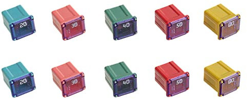 BOJACK Jcase Blocksicherung 20A 30A 40A 50A 60A Kfz Niedrigprofil Box-Sicherungssatz für LKWs ＆ PKWs (Packung mit 10 Stück, 2 für jedes Ampere)