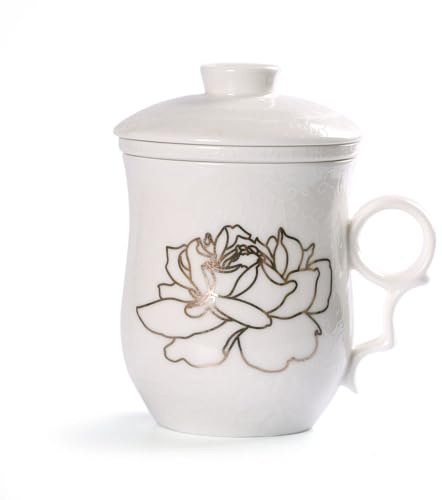 GOARTEA Porcelain Tea Infuser Mug with Lid - 300ml Ceramic Tea Cup, Handmade Peony Flower Pattern, Loose Leaf Tea Brewing Mug with Removable Filter, Microwave & Dishwasher Safe (Golden Peony)