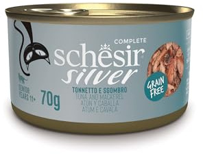 Schesir Silver, Filetes De Tonito Y Caballa En Caldo, Alimento Húmedo Completo para Gatos Mayores, Sin Cereales, Apoya El Sistema Inmunitario, Rico En Hidratación, 12 X 70g
