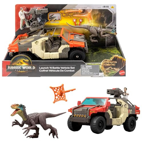 Mattel Jurassic World El Renacer Vehículo Persecución y captura con un humano y un dinosaurio, figura de Martin Krebs y velocirraptor, torreta y dos proyectiles, JGB59