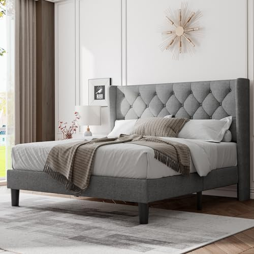Feonase Full Size Bed Frame with Upholstered Wingback Headboard, Platform Bed and Heavy Duty Wooden Slats Support, Easy Assembly, Noise-Free, No Box Spring Needed, Light Gray