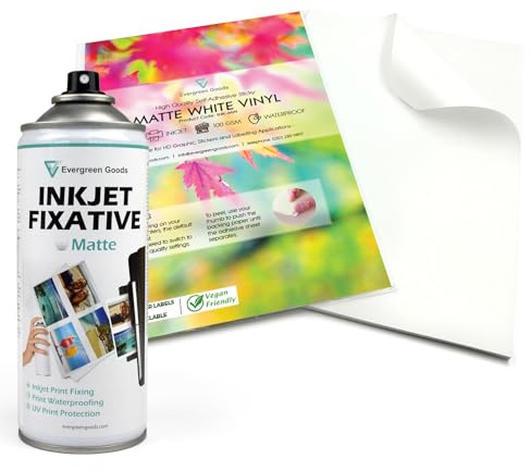 Evergreen Goods 200 Sheets A4 Waterproof Self Adhesive Matte White Vinyl Sticker Paper & Matte Inkjet Fixative Spray | Inkjet & Laser Printable Sticker Paper | Print Fixative Spray for UV Protection