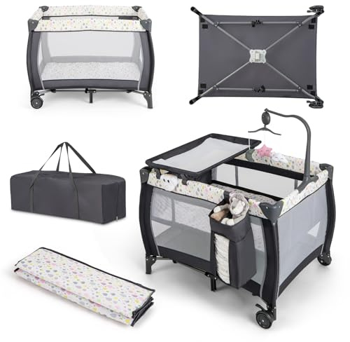 RELAX4LIFE 4 in 1 Lettino da Campeggio con Materasso per Bambini, Culla da Viaggio per Neonati con Fasciatoio, Carillon e Ruote Bloccabili, Adatto a Bambini da 0 a 36 Mesi (Colorato)