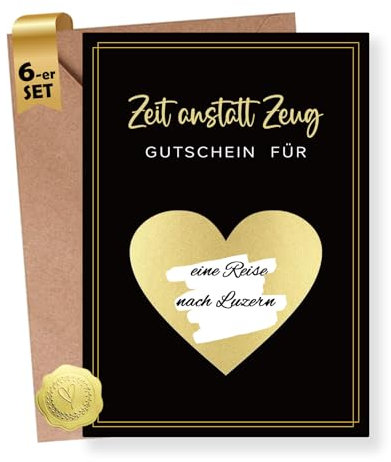 Sugeru 6 Sets Gutscheine Grußkarte zum Selber Ausfüllen - Zeit Anstatt Zeug,Rubbellose Selber Machen Kommt mit Umschlag,Goldene Gutschein Rubbelkarte,Gutschein Geburtstag Selbst Gestalten (Schwarz-ZA)
