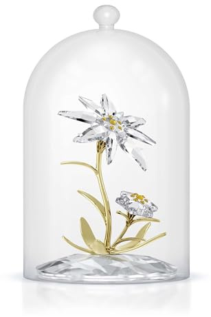 Swarovski Florere Campana di Vetro con Stella Alpina, Decorazione 130° Anniversario, con Fiori in Cristallo Swarovski, Designer Edith Mair, Placcatura in Tonalità Oro Champagne, 7,1 x 5,5 x 5,5 cm