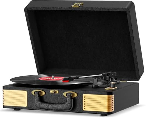 FYDEE Platine Vinyles, Tourne Disque Bluetooth Portable Vintage en Cuir avec 3 Vitesses (33/45/78 RPM), 2 Haut-Parleurs Intégrés, Entrée RCA, Fonction d'Arrêt Automatique, Noir Profond