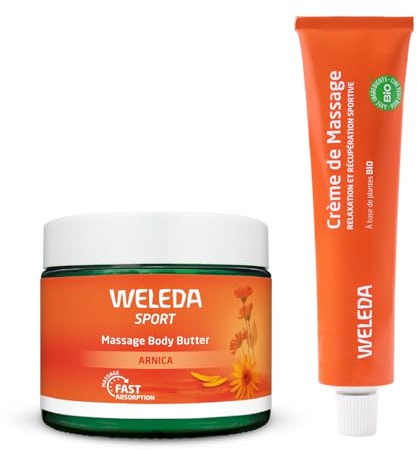 WELEDA - Baume de Massage Arnica + Crème de Massage Sport Arnica - Après l'effort - Vegan* - Certifié Natrue** - Pot en verre 150ml + Tube 70g