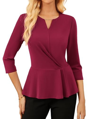 GRACE KARIN Elegant damblus V-ringad 3/4 ärmar volanger toppar affärsarbete toppar, Vinröd, S