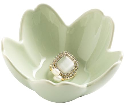 Flower Ring Holder Dish, Ceramic Jewelry Tray Dish, Small Trinket Dish, Jewelry Plate Bowl, Cute Jewlery Ring Holder Dish, Aesthetic Room Decor, Christmas Birthday Gifts for Women, 1 pack (green)