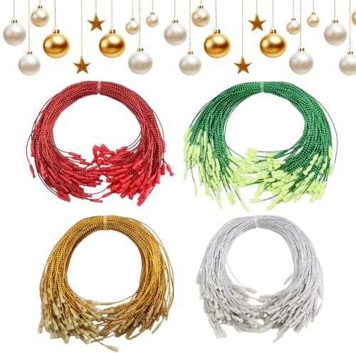 Solivive 800 PCS Christmas Ornament Hangers String, Ornament Hangers with Snap Lock Christmas String for Christmas Trees, Small Ornaments, Gifts, Label Hanging Bauble Hooks(Gold+Silver+Red+Green)