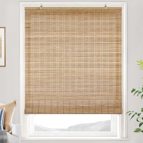 LazBlinds Cordless Bamboo Blinds, Bamboo Roll Up Shades for Windows, Light Filtering Hanging Window Blinds, Shades for Patio Indoor/Outdoor Porch, 23 W x 48 H, Brown206