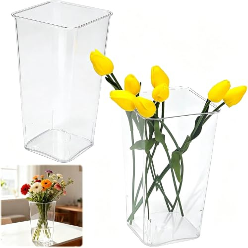 2 Pcs Unbreakable Acrylic Square Flower Vase, 25x10cm Minimalist Clear Plastic Vase, Shatterproof Lightweight, Easy to Clean, Modern Centerpiece Decor for Table, Home, Office,Wedding, Safe for Familiy