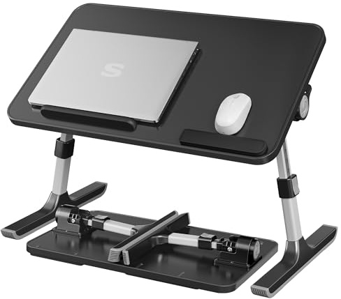 SONGMICS Mesa para Ordenador Portátil, Bandeja de Cama con Cajón, Aleación de Aluminio, 52 x 30 x 23 cm, Negro, para Sofá y Estudio Colección Island LLD117B101