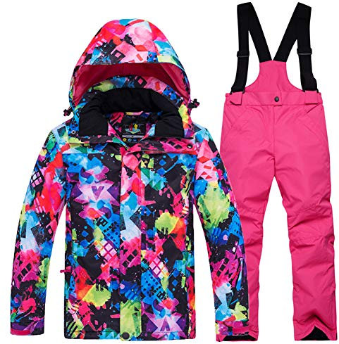 LPATTERN Kinder Jungen/Mädchen Skifahren 2 Teilig Schneeanzug Skianzug(Skijacke+ Skihose), Bunt Jacke+ Pink Trägerhose, Gr. 140/146(Herstellergröße: XL)