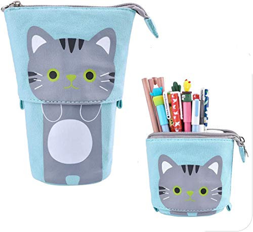 Stehen Bleistifthalter, Cartoon Nette Katze Federmäppchen Box Federbeutel Teleskop Bleistift Beutel Schreibwaren Kosmetiktaschen Aufbewahrungstasche Schminktasche mit Reißverschluss für Jungen Mädchen