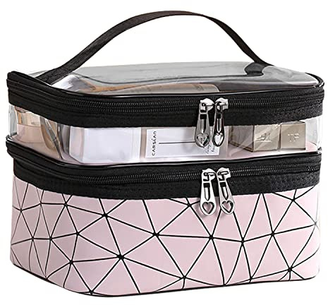 Double Layer Makeup Bag with Separate Pocket, Travel Organizer for Cosmetic Brush Lipstick, Portable Waterproof, Large Capacity, Make up Storage Small Case