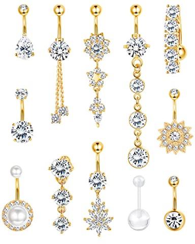 FIBO STEEL 14G Belly Button Rings Dangle 316L Stainless Steel Belly Rings for Women Navel Piercing Jewelry 12 Pcs 14K Gold Plated
