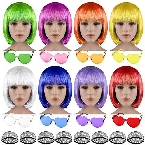 Bouiexye Paquete de 24 pelucas cortas Bob, gafas de sol, postizos coloridos y rectos para decoración de fiestas de mujeres