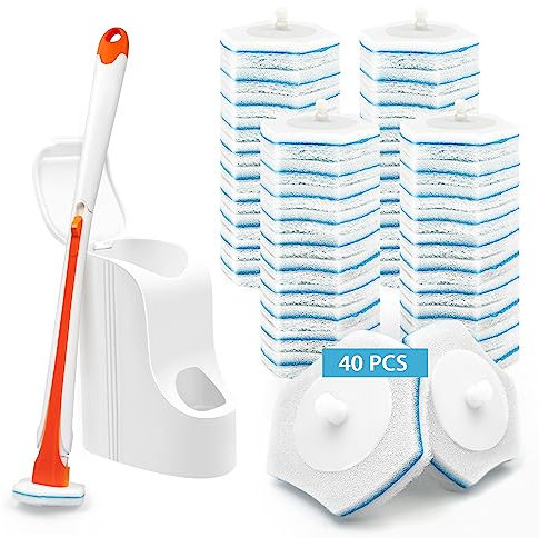 JEHONN Disposable Toilet Bowl Cleaner Wand with 40 Cleaner Refills, Wall Mounted Long Handle Compact Bathroom Scrub Brush Holder Set for Sink Bathtub Wash Basin Mop Pool (Orange)