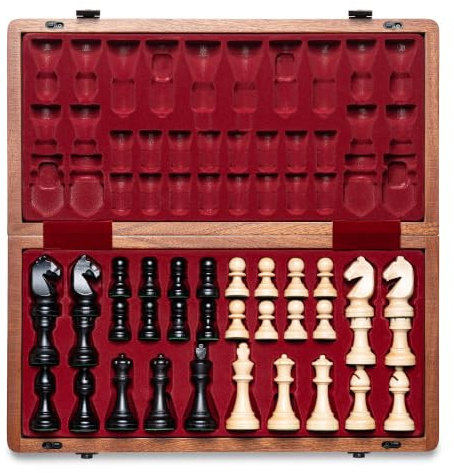 A&A Juego de Ajedrez Plegable de Caoba Natural Premium, con Tablero de 38 cm y Rey de 7,6 cm de Altura en Estilo Staunton, Incluye 2 Reinas Extra y una Bolsa de Almacenamiento