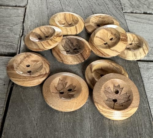 Lot de 10 boutons en bois à 2 trous - 15 mm, 20 mm ou 25 mm - En bois d'olivier véritable - Motif feuille d'érable - Naturel (20 mm)