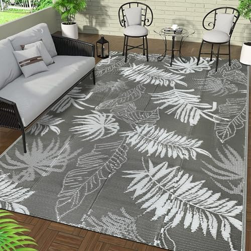Falflor 150x245cm Outdoor Reversible Rug Waterproof Outdoor Patio Rug Plastic Large Floor Mat Lightweight Indoor Outdoor Rug Carpet Plastic Straw Rug for Camping Deck RV Backyard Picnic (Grey)