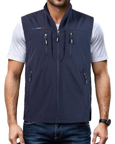 Harbrosrce Herren Outdoor Weste Standkragen Anglerweste Golf Leicht Gilet Schnelltrocknende Ärmellose Jacke Arbeitsweste Jagdweste mit Vielen Taschen für Safari Fotografie