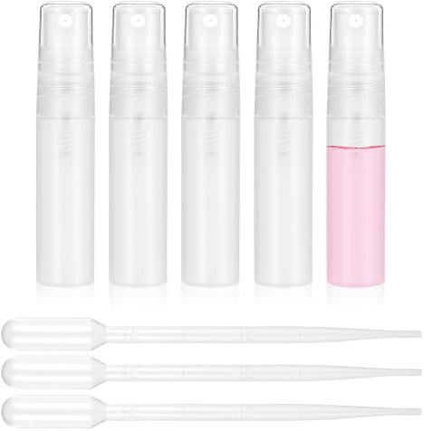 Bewudy 5 Stück 5 ml Parfümzerstäuber, Mini Sprühflasche mit 3 Stück Pipetten Klein Matte Zerstäuber Nachfüllbar Kunststoff Sprayflasche Leer Sprühbehälter für Parfüm Körperpflege Flüssigkeit Kosmetik