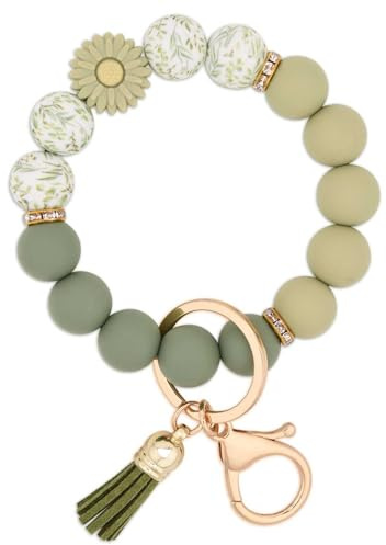 BAOSIWA Silicone Beaded Keychain Wristlet Key Ring Bracelet Daisy Green Car Key Chain Holder for Women Girls