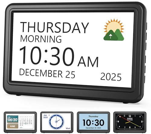 Clock with Day and Date for Elderly, 7 Large Display Digital Calendar Day Clock with 20 Custom Alarms and Medicine Reminders, Dimmable Dementia Alzheimers Clocks for Seniors, Black (Ac Powered)