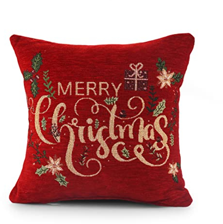 Velosso Christmas Soft Cotton Blended Chenille Filled Tapestry Cushion Cover Xmas Festive Scatter Decorative Square Sofa Couch Pillow Cushion Nordic Stag 43x43cms (1, Floral Merry Xmas)