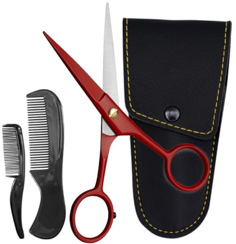 Ontaki Forbici professionali tedesche per barba e baffi da 12,7 cm, con 2 pettini e custodia per il trasporto, per uomo, bordo smussato per la precisione, kit per la cura dei peli del viso, kit per
