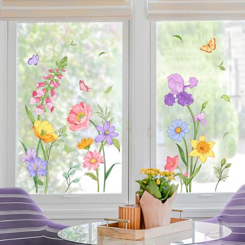 Tanlaby Fiori Vetrofanie Adesivi Estate Colorati Farfalla Piante Primavera Adesivi per Finestre Fiori da Giardino Doppio Lato Statici Anti-Collisione Finestra Vetro Porte Decalcomanie