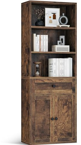 Coleshome Estantería con Puertas Cajones 5 Niveles, Librería 164cm Marrón