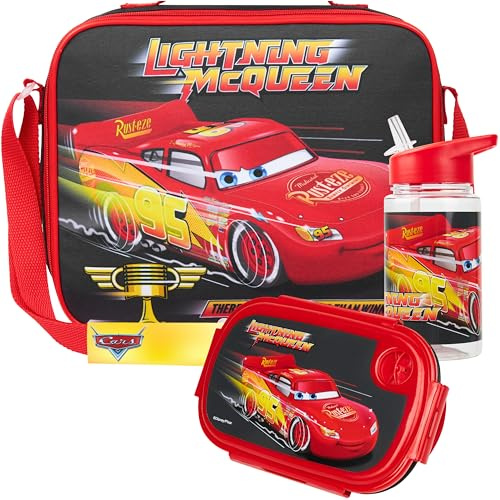Get Trend Disney Cars Water Bottle Lunch Bag and Lunch Box Kids Set 3 Pcs School Supplies Lightning McQueen Snack Box BPA Free Leakproof for Travel Picnic Holiday (Black Cars)