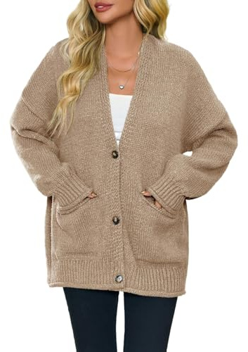 Saodimallsu Womens Chunky V Neck Cardigan Sweater Puff Sleeve Knit Cardigans Button Down Outwear with Pockets 2025 Khaki