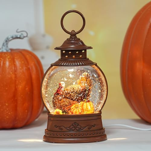 Decoraciones de otoño para el hogar, globo de nieve de otoño con farol iluminado de calabaza de pavo con temporizador de 6 horas, USB, funciona con pilas, decoración de otoño de Acción de Gracias