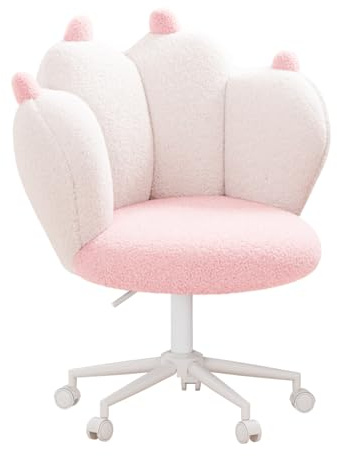 Luxstein Velvet Cat Paw Desk Chair, Height Adjustable Cute Swivel Vanity Chair with Upholstered for Home Office Bedroom Kids, Pink