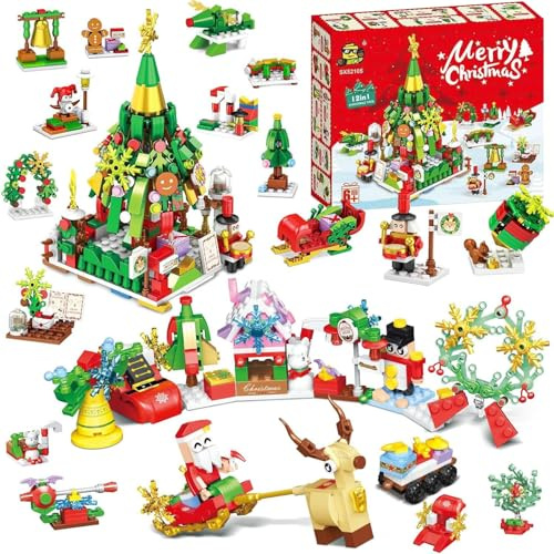 Calendario dell'Avvento Giocattoli di costruzione natalizi per bambini e adulti, Blocchi mini da costruzione, Conto alla rovescia di Natale 12 in 1 con 618 pezzi, Regalo di calendario dell'Avvento-A