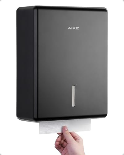 AIKE Paper Towel Dispenser, 400-Sheet for H2, H3, Z/V/C-Fold 25.2 x 11.5cm | Wall Mounted Black Finish, No Mismatch, Safety Lock, Secure Drill-Mounting, Visible Window, Large Capacity, No Jamming