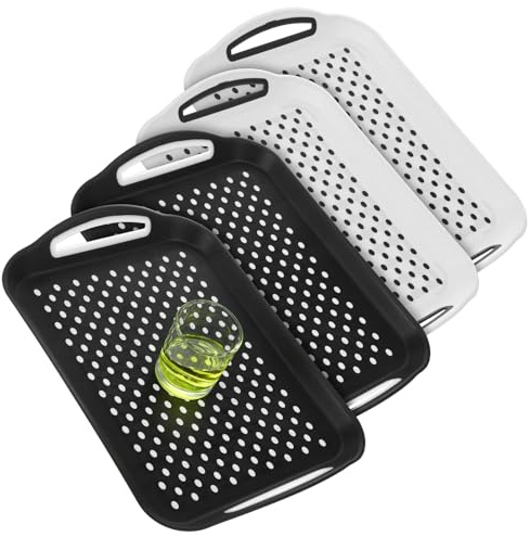 4 Pack Non Slip Serving Trays with Handles, Dual-Sided Grippy Food Trays for Eating on Couch, Lap, Bed - Dishwasher Safe, 2 Black & 2 White