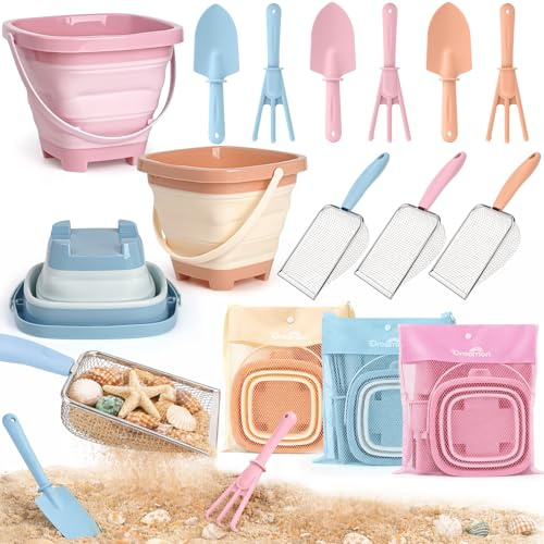 Dreamon Jouets de Plage pour Enfants 3 4 5 Ans Jouet de Plage Comprend Un Seau Pliable Sac en Filet Tamis à Sable Pelle Râteau pour Les Jeux D'extérieur Garçons Filles