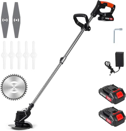 Débroussailleuse Électrique sans Fil 24V, Coupe Bordure sans Fil avec 2 Batteries 2000mAh + Chargeur, 3 en 1 Débroussailleuse/Édgeuse/Tondeuse avec 3 Types de Lames pour Jardin Cour Pelouse